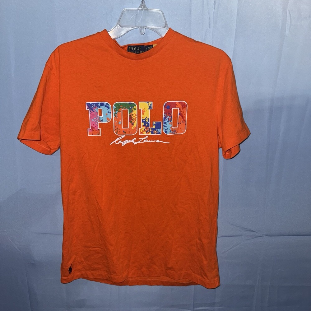 Polo Ralph Lauren‎ Shirt Men Small Orange Splatter Spell Out Short Sleeve
